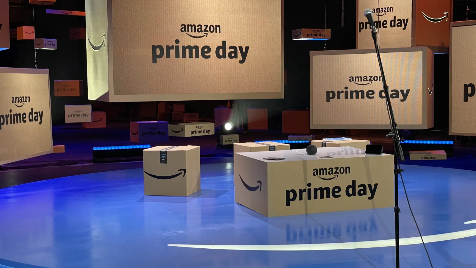 PRIME — The Prime Day boxes on the stage, up close, with the mic