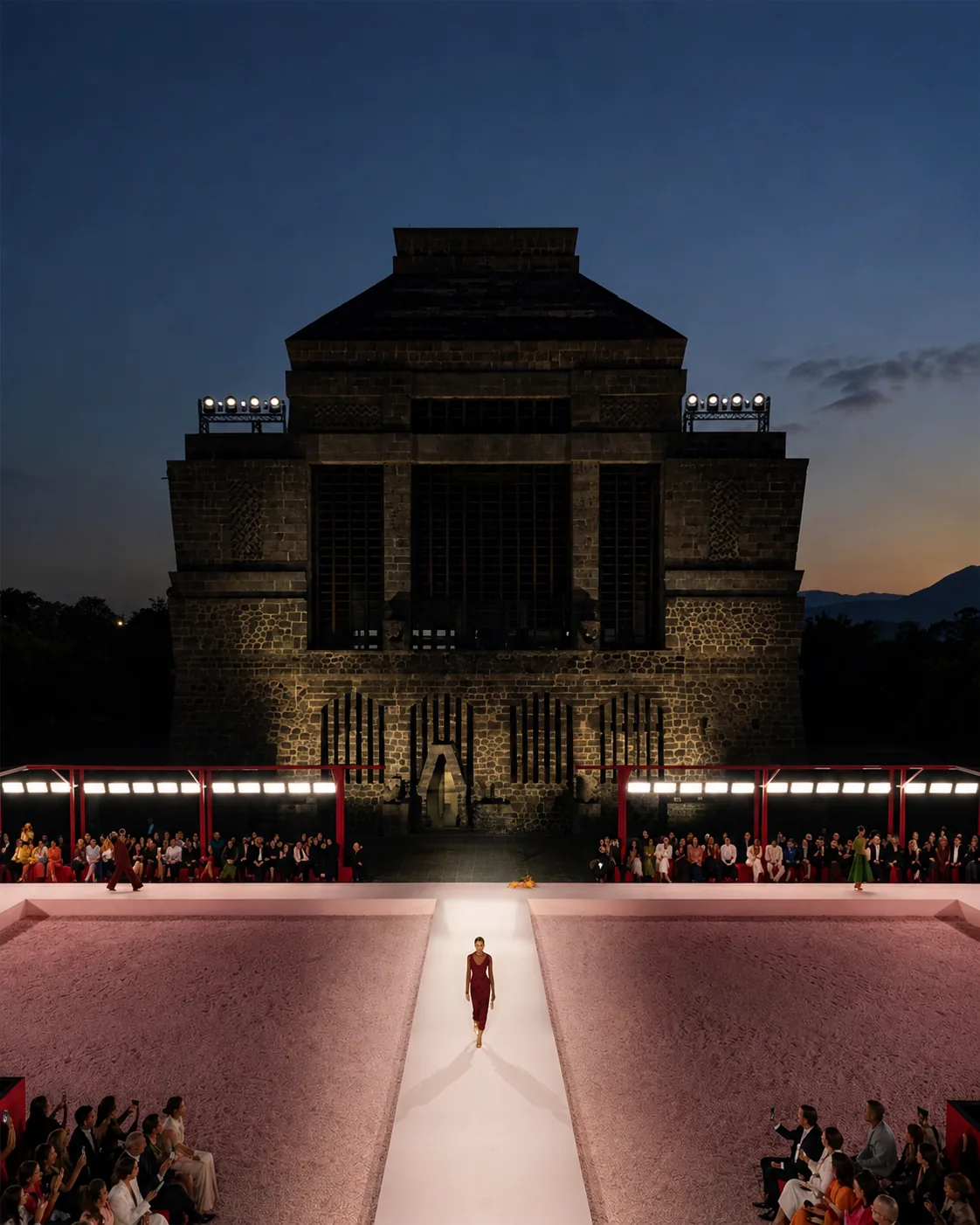 CAROLINA HERRERA — The Anahuacalli at dusk, the runway lit