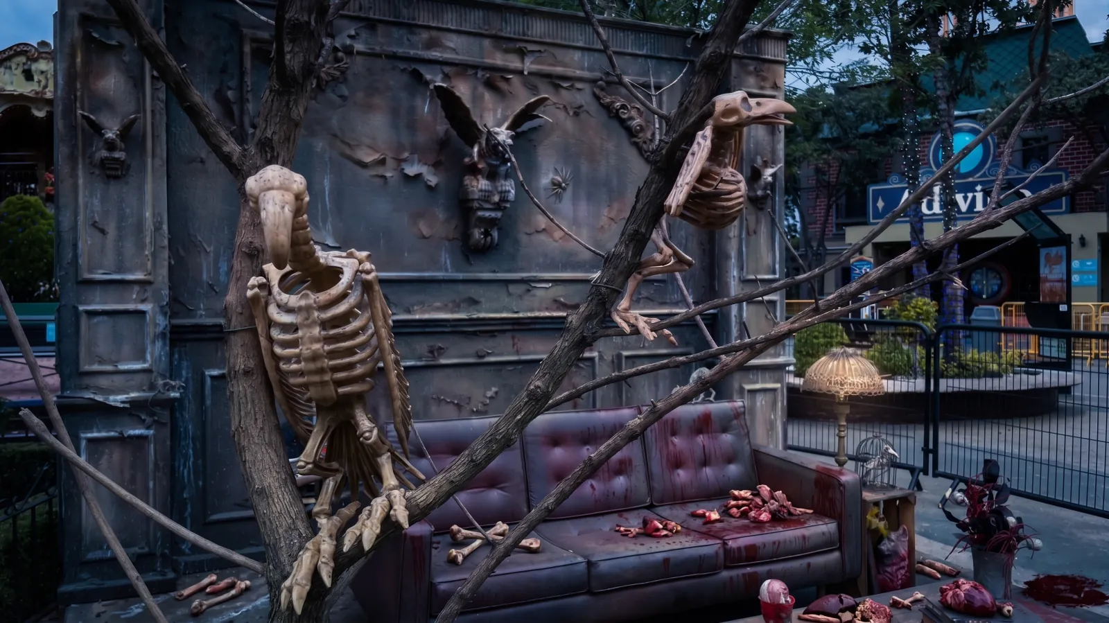 SIX FLAGS — Set 3 · The haunted living room: the bone vultures over the couch and the gargoyle wall